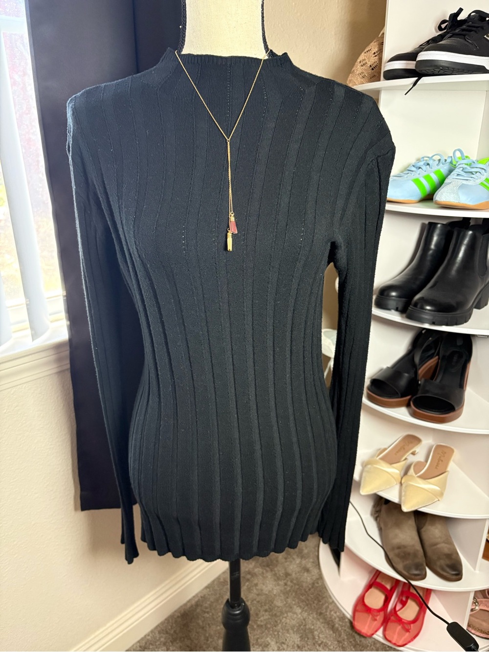 SHEINCurbe Black Ribbed Long-Sleeve Mock Neck Sweater Top